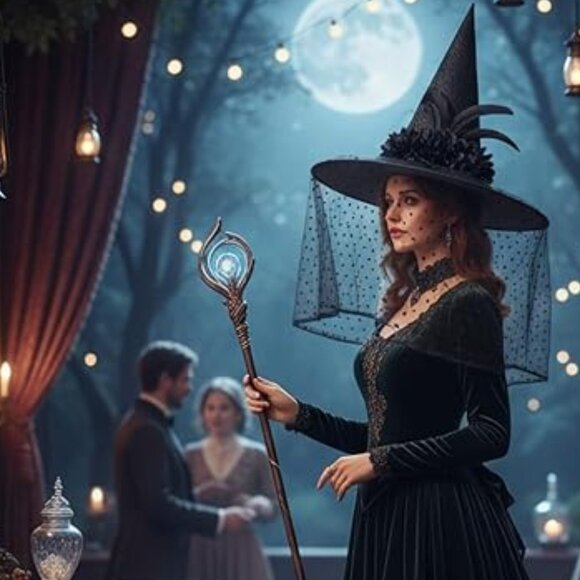 Black Witch Hat with Lace Veil main image 5